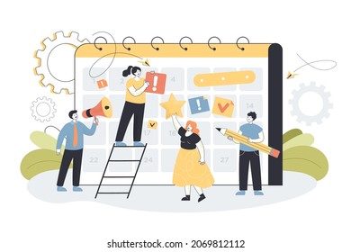 Tiny businesspeople in process of making plan of meetings to reach aims. Business schedule with filling course campaign flat vector illustration. Calendar, time management, entrepreneurship concept