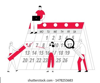 Tiny Businesspeople Team at Huge Calendar Make Schedule of Affairs for Month, Work Planning Events, Business Meetings, Payments and Important Messages Time Management Cartoon Flat Vector Illustration