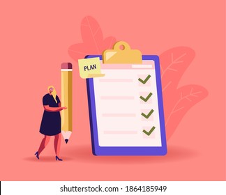 Tiny Businesswoman Character with Huge Pencil at Checklist with Marks in Check Boxes on Clipboard. Business Woman Planning, Presenting Task Solution Make Notes in Textbook. Cartoon Vector Illustration