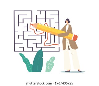 Tiny Businesswoman Character with Huge Pencil Painting Way in Labyrinth Search Answer, Idea, Insight, Challenge. Female Character Figure Out Exit in Maze, Complicated Task. Cartoon Vector Illustration