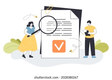 Tiny Cartoon Business People Reading Legal Document. Data Protection, Company Principles Flat Vector Illustration. Law, Policies And Procedures Concept For Banner, Website Design Or Landing Web Page