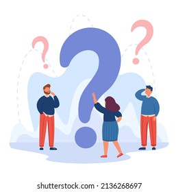 Tiny cartoon business people standing around huge question mark. Male and female persons asking for help or answers flat vector illustration. Communication, solution concept for banner, website design