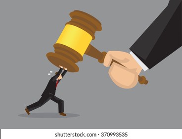 Tiny cartoon businessman character pushing hard against a giant gavel coming down at him. Creative vector illustration on resisting the final verdict concept.