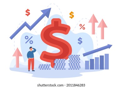 Tiny cartoon businessman observing increase of inflation. Flat vector illustration. Percentage, arrows, coins, price level, risk of money loss. Business, economy, market, recession concept for design