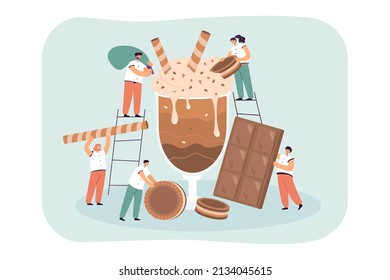 Tiny Cartoon Characters With Huge Chocolate Cocktail. Sweet Dish With Biscuits And Chocolate Bars, Men And Woman Working In Bakery Or Pastry Factory Flat Vector Illustration. Desserts, Pastry Concept