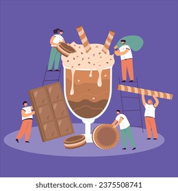 Tiny cartoon characters with huge chocolate cocktail vector design illustration