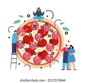 Tiny cartoon characters with huge tasty pizza. Male and female persons making pizza together flat vector illustration. Food, cafe or restaurant concept for banner, website design or landing web page