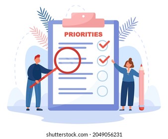 Tiny cartoon characters standing next to list of important tasks. People prioritizing work, progress flat vector illustration. Priority, addenda concept for banner, website design or landing web page