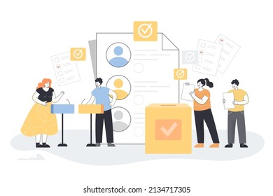 Tiny cartoon citizens giving votes during election campaign. Ballot or voting poll, people giving opinions on constitution flat vector illustration. Democracy, freedom, ideology, society concept