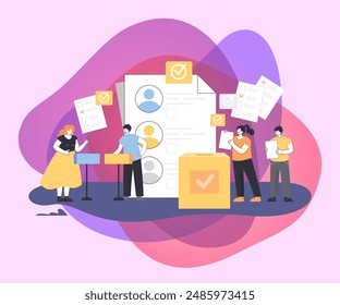 Tiny cartoon citizens giving votes during election campaign. Ballot or voting poll, people giving opinions on constitution flat vector illustration. Democracy, freedom, ideology, society concept