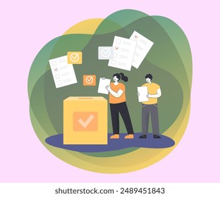Pequeños ciudadanos de dibujos animados votando durante la campaña electoral. Personas que ponen papeletas de votación con su opinión en una enorme Ilustración vectorial de cajas. Democracia, libertad, concepto de sociedad