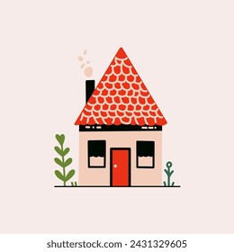 Tiny cartoon fairy house. Cute small cottage with chimney and smoke, hand drawn rural village home building. Vector flat illustration.