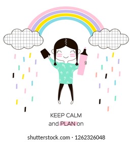 tiny cartoon funny American Indian planner girl with pink highlighter under the rainbow, kawaii style character, pastel colours simple flat vector graphic, office stationery concept illustration