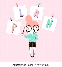 tiny cartoon funny nerdy planner girl pricked her finger with a stationery pin, kawaii style character, pastel colours simple flat vector graphic, office concept illustration