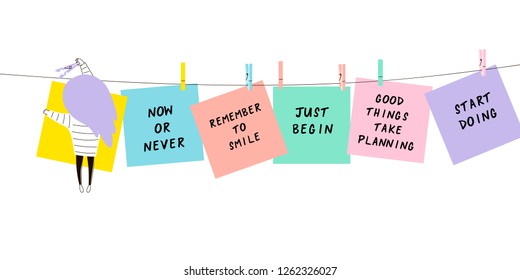 tiny cartoon funny planner girl hanging and fixing paper notes with inspirational phrases, kawaii style character, pastel colours simple flat vector, cute office concept illustration 