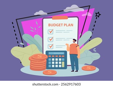 Tiny cartoon man with budget plan on clipboard and calculator. Businessman planning company budget, managing taxes flat vector illustration. Finances, financial management concept for banner