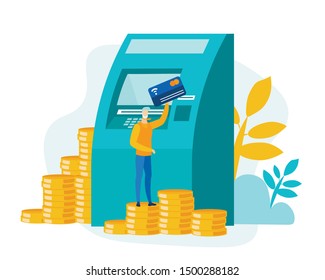 Tiny Cartoon Man Character Standing on Coins Stack with Card near Huge Flat ATM. Money Transactions. Putting or Withdrawal Cash via Automatic Teller Machine Services. Vector Illustration