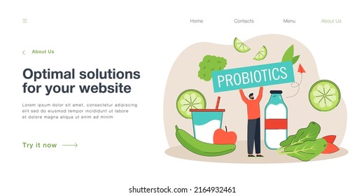 Tiny Cartoon Man Holding Big Probiotics Sign. Person With Healthy Diet And Probiotic Foods, Gut Health Flat Vector Illustration. Healthy Lifestyle, Food Concept For Banner Or Landing Web Page