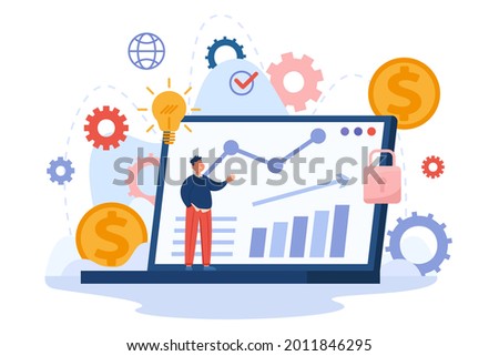 Tiny cartoon man on laptop background with financial charts. Flat vector illustration. Fund charts, startup deposit, global market, alternative fintech. Business, economy, digital innovation concept