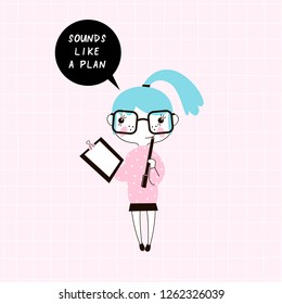 tiny cartoon nerdy planner girl with clipboard and pen, kawaii style funny character, pastel colours simple flat vector graphic, office stationery concept illustration
