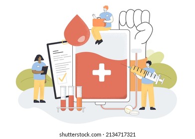 Pequeñas enfermeras de dibujos animados con tarjeta de paciente y sangre de donante. Transfusión de sangre para emergencia, campaña médica o ilustración vectorial plana de noticias. Salud, concepto de medicina para la página web de banner o de aterrizaje