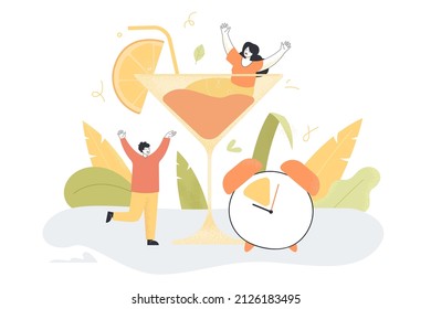 Tiny cartoon people with huge drink having fun during happy hour. Business promotion for restaurants, bars or pubs flat vector illustration. Alcohol, entertainment, party concept for banner