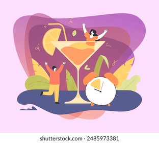 Tiny cartoon people with huge drink having fun during happy hour. Business promotion for restaurants, bars or pubs flat vector illustration. Alcohol, entertainment, party concept for banner