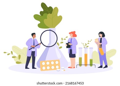 Tiny cartoon scientists making medicine in laboratory. Doctor characters doing research, herb or plant in glass bottle, herbal mortar flat vector illustration. Medicine, Ayurveda concept for banner