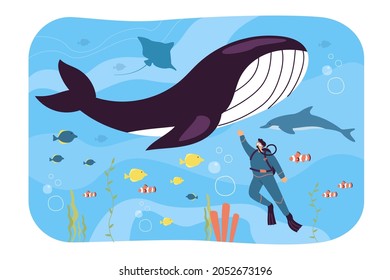 Tiny cartoon scuba diver swimming in ocean or aquarium. Exploration of marine life, tropical fishes and mammals flat vector illustration. Wildlife, sea animals concept for banner or website design