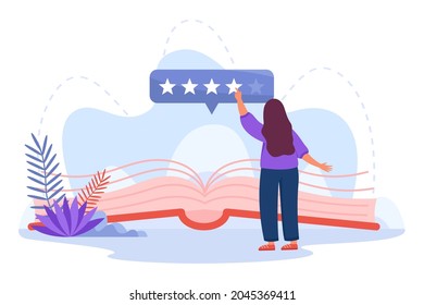 Tiny cartoon woman gives good feedback after reading book. Girl doing research or book analysis flat vector illustration. Literature, customer review, satisfaction concept for banner, website design