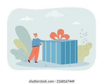 Tiny cartoon woman next to huge gift box with ribbon. Present box or surprise for young girl flat vector illustration. Celebration, reward concept for banner, website design or landing web page