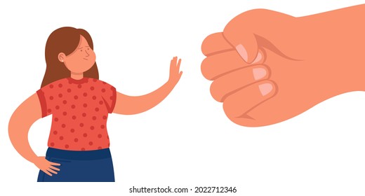 Pequeña caricaturista protestando contra el puño gigante. Ilustración vectorial plana. Niña que lucha contra la violencia doméstica, la discriminación de género, el acoso sexual. Abuso, empoderamiento, concepto de conciencia
