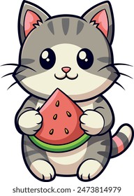 Tiny cat holding watermelon, its paws delicately grasping the juicy treat,vector illustration