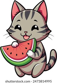 Pequeño gato sosteniendo sandía, sus patas agarrar delicadamente el jugoso regalo, Ilustración vectorial