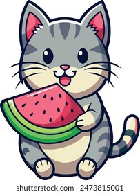 Tiny cat holding watermelon, its paws delicately grasping the juicy treat,vector illustration