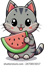 Tiny cat holding watermelon, its paws delicately grasping the juicy treat,vector illustration