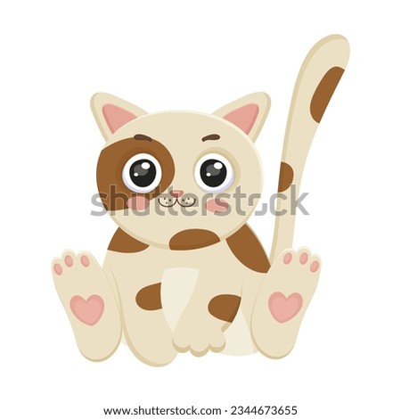 Tiny cat, sitting animal, domestic kitten, cartoon kitty, cute design, spotted, paw, tail, cheerful baby, greeting face, smiling pussycat. Isolated on white background. Vector illustration.