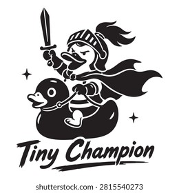 Tiny champion duck knight wearing armor and holding a sword riding a rubber duck toy Vector
