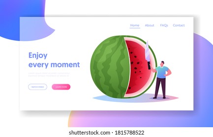 Tiny Character Eat Huge Ripe Watermelon Landing Page Template. Summer Time Food, Man Have Fun Slicing Melon with Knife for Eating. Fruits Season, Relaxing Sparetime, Snack. Cartoon Vector Illustration