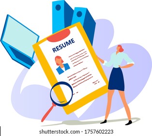 Tiny character female stand online job resume, woman hold working questionnaire isolated on white flat vector illustration. Concept labour office paper magnifying glass and laptop, online search work.