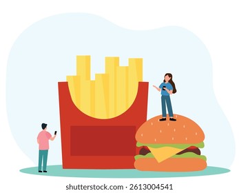 Tiny character interacting with large fast food and enjoying eating Hamburger, french fries, vector illustration.