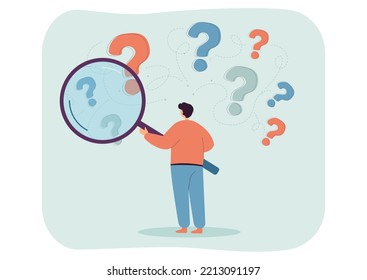 Tiny character looking at question mark through magnifying glass. Search of man analyzing information flat vector illustration. Inquiry, FAQ concept for banner, website design or landing web page