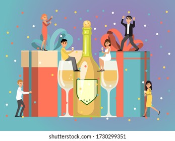 Tiny character male female celebrating party, bottle champagne gift box and glass alcohol isolated on background flat vector illustration. People together commemorate holiday carefully time.