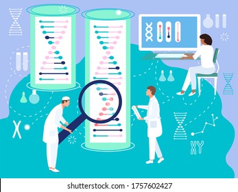 Tiny character male female doctor and research fellow, scientist hold magnifying glass look deoxyribonucleic acid flat vector illustration. Concept exploration dna, modern medical technology.