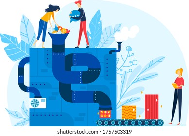 Tiny character male female information processing, big conveyor factory data server isolated on white, flat vector illustration. Concept people together teamwork branding, transporter technology.