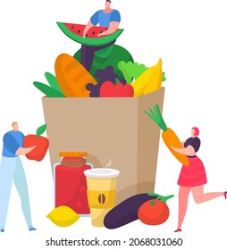 Tiny character male female package ecology organic fruit, vegetable and foodstuff cartoon vector illustration, isolated on white.
