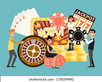 Tiny character male female rest gambling house, people win casino jackpot isolated on blue, flat vector illustration. Man woman play game of chance, 777 slot machine and establishment roulette.