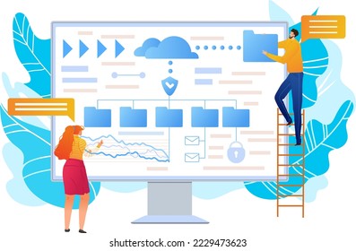 Tiny character male female standing computer digital monitor, cloud technology data storage isolated on white, flat vector illustration.