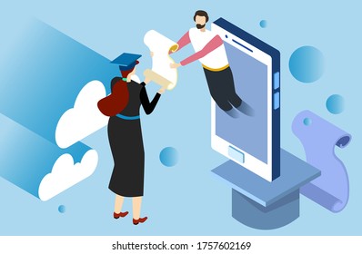 Tiny Character Male Teacher Give Diploma, Online Education Student Man Received Higher Education Isometric 3d Vector Illustration. Concept Remote Internet Study And Learning Profession Future.