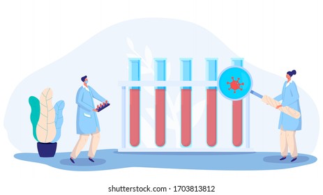 Pequeños caracteres médicos, sangre de investigación, virus de investigación, bacterias, matraz, ilustración plana vectorial. Enfermedad de análisis científico, laboratorio terapéutico empleado, laboratorio de química, explorar patología.